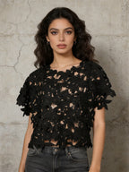 ZOFIA ATELIER black floral lace cropped top with short sleeves and round neckline.
