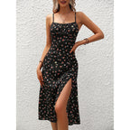 ZOFIA ATELIER black floral print polyester midi dress with spaghetti straps and high slit