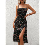 ZOFIA ATELIER black floral print polyester midi dress with spaghetti straps and high slit