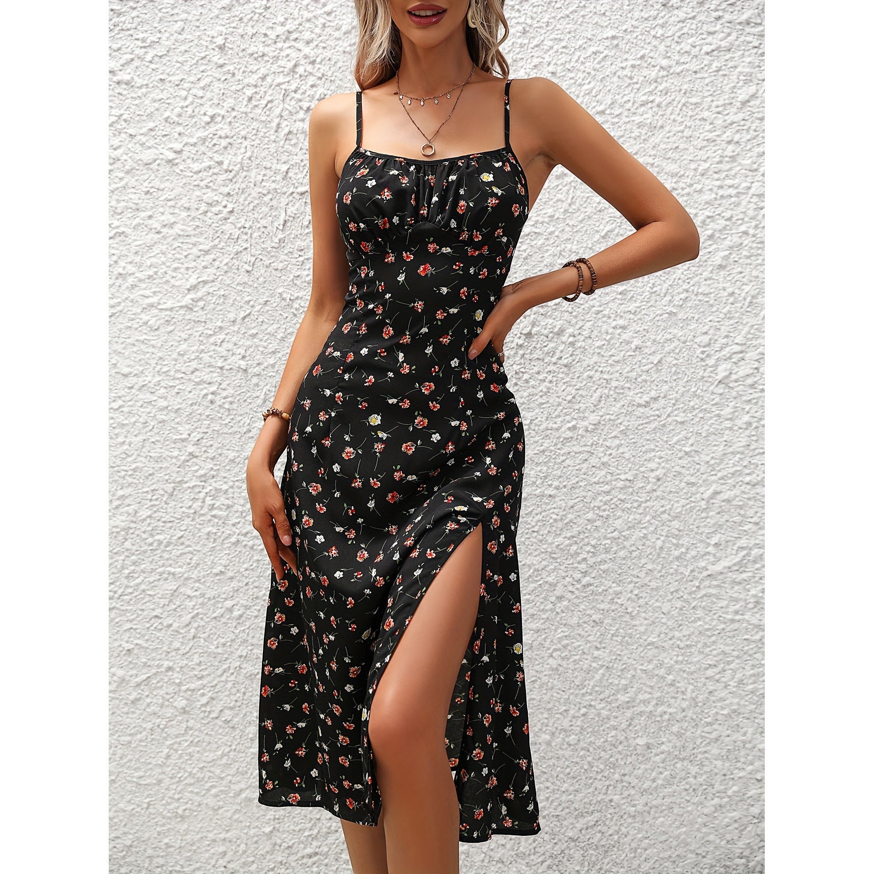 ZOFIA ATELIER black floral print polyester midi dress with spaghetti straps and high slit