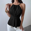ZOFIA ATELIER black sleeveless halter neck blouse with cinched waist and open back detail. Polyester.
