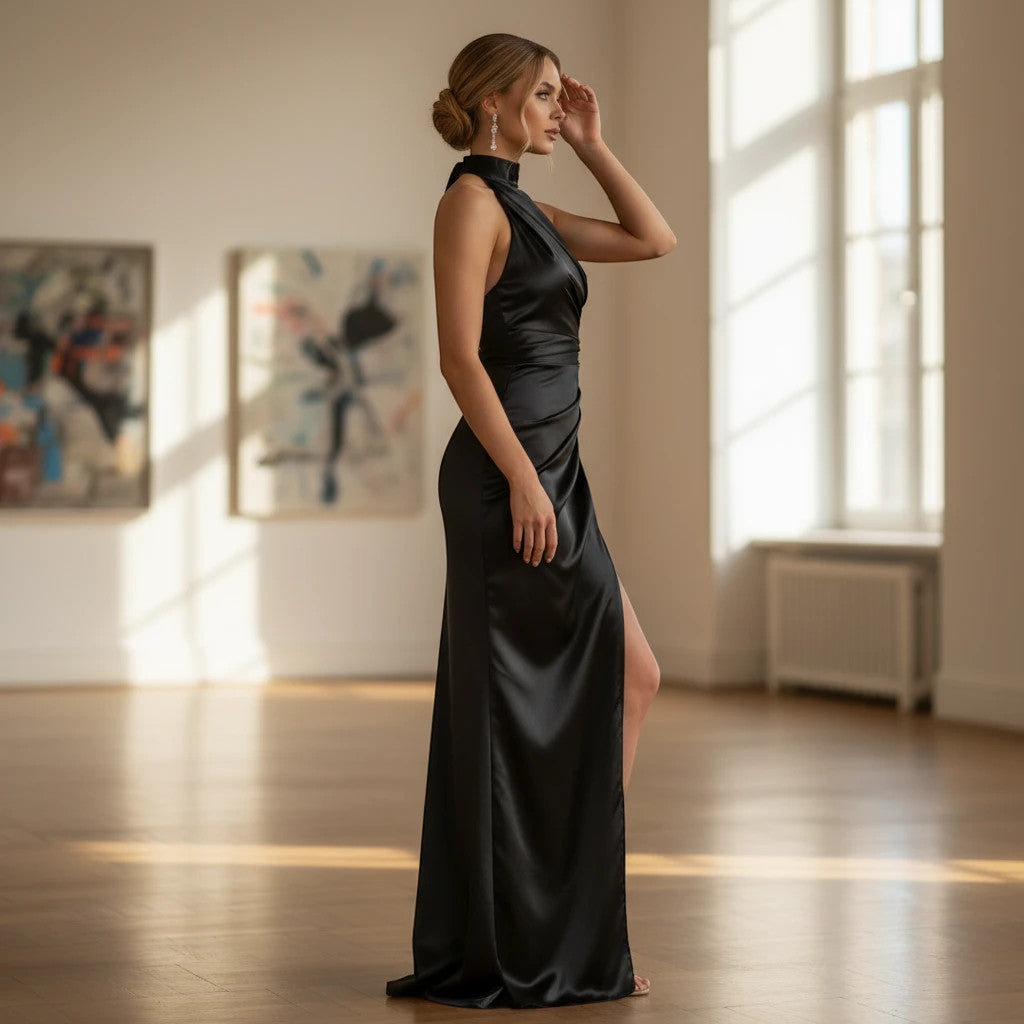 ZOFIA ATELIER black satin halter long dress with a high slit and draped bodice, perfect for evening events.