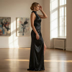 ZOFIA ATELIER black satin halter long dress with a high slit and draped bodice, perfect for evening events.