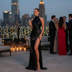 ZOFIA ATELIER black satin halter long dress with a high slit, sleeveless, perfect for cocktail parties and evening events.