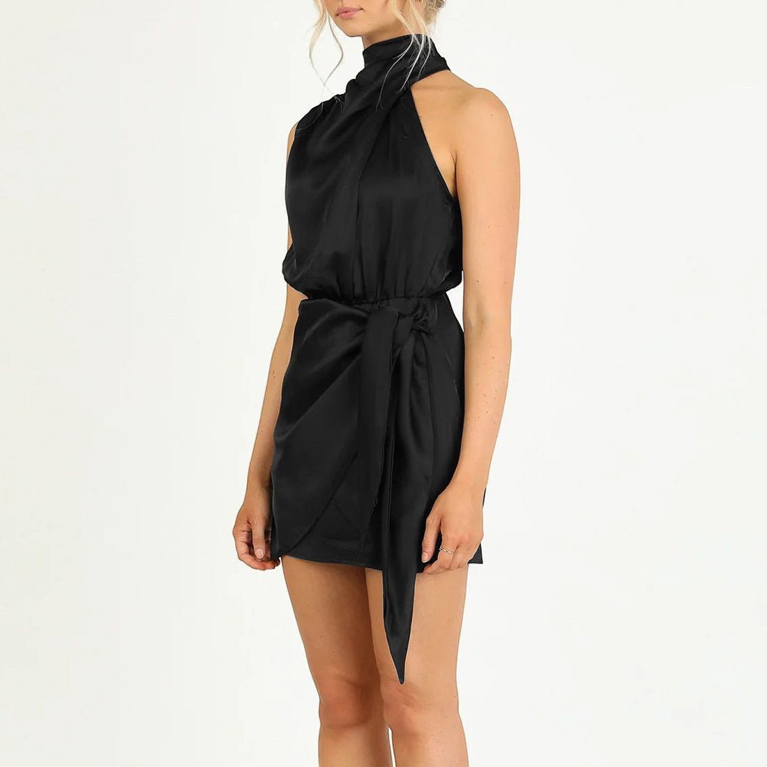 ZOFIA ATELIER black polyester halter neck short dress with waist tie detail