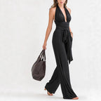 ZOFIA ATELIER black polyester halter-neck sleeveless wide-leg jumpsuit with tie waist