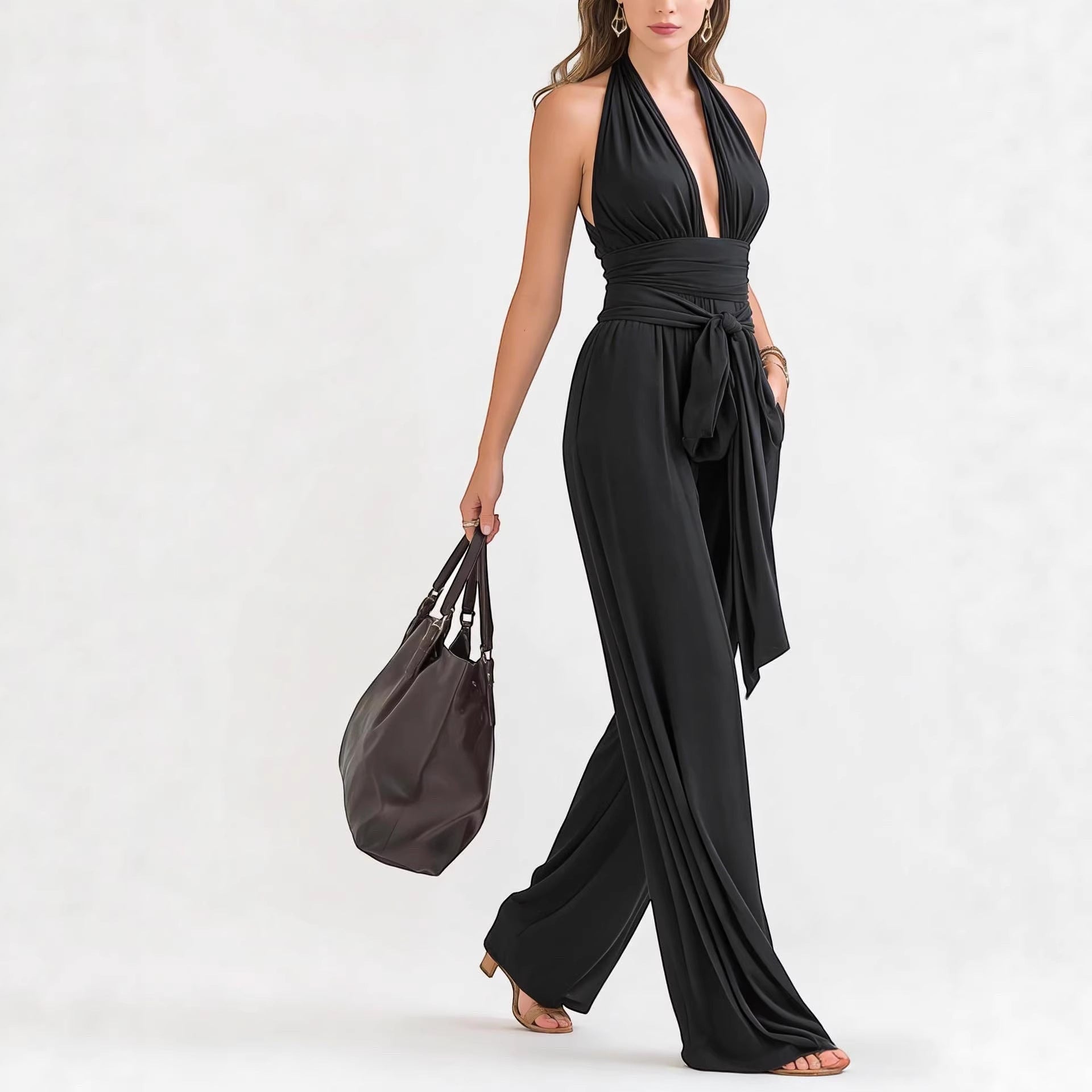 ZOFIA ATELIER black polyester halter-neck sleeveless wide-leg jumpsuit with tie waist