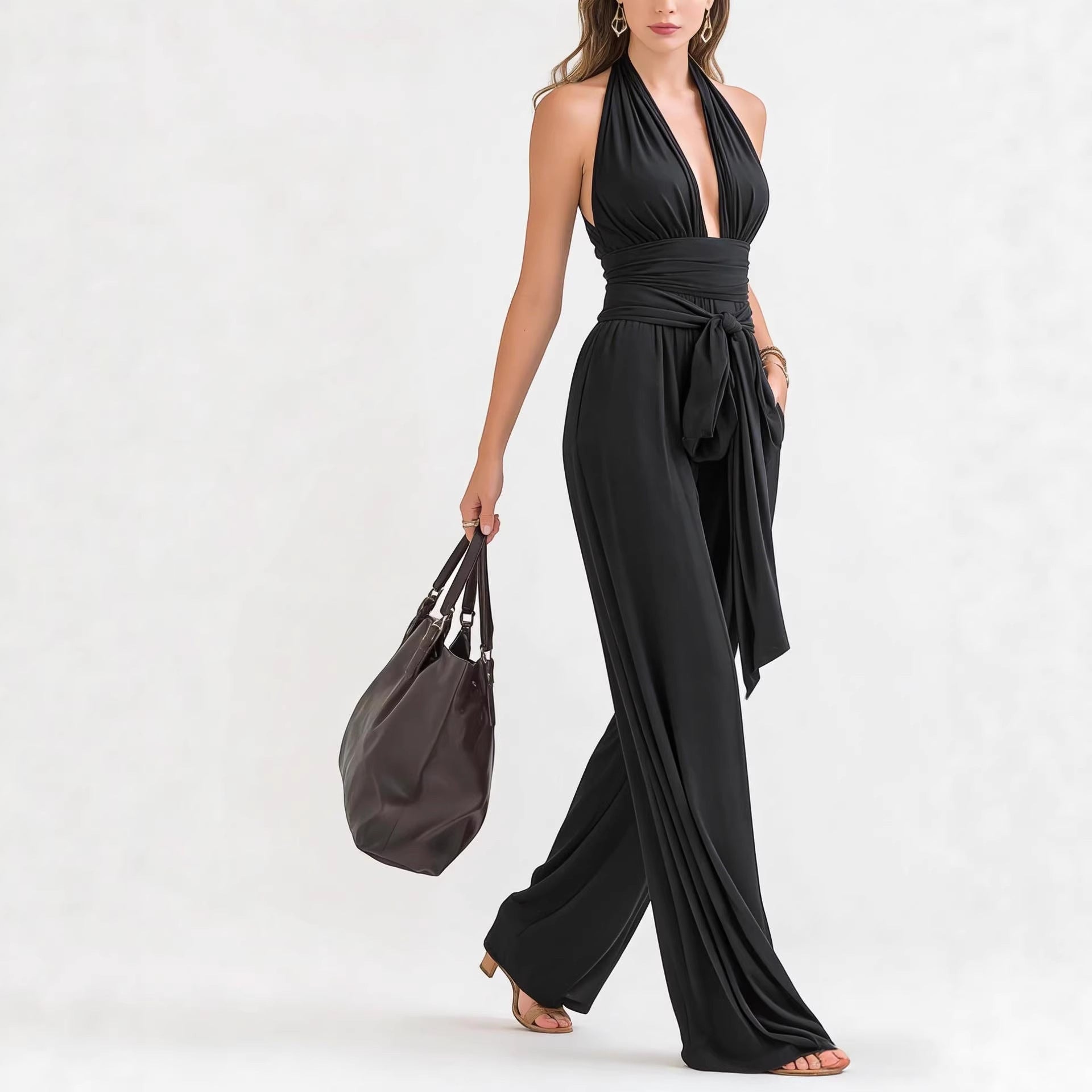 ZOFIA ATELIER black polyester halter-neck sleeveless wide-leg jumpsuit with tie waist