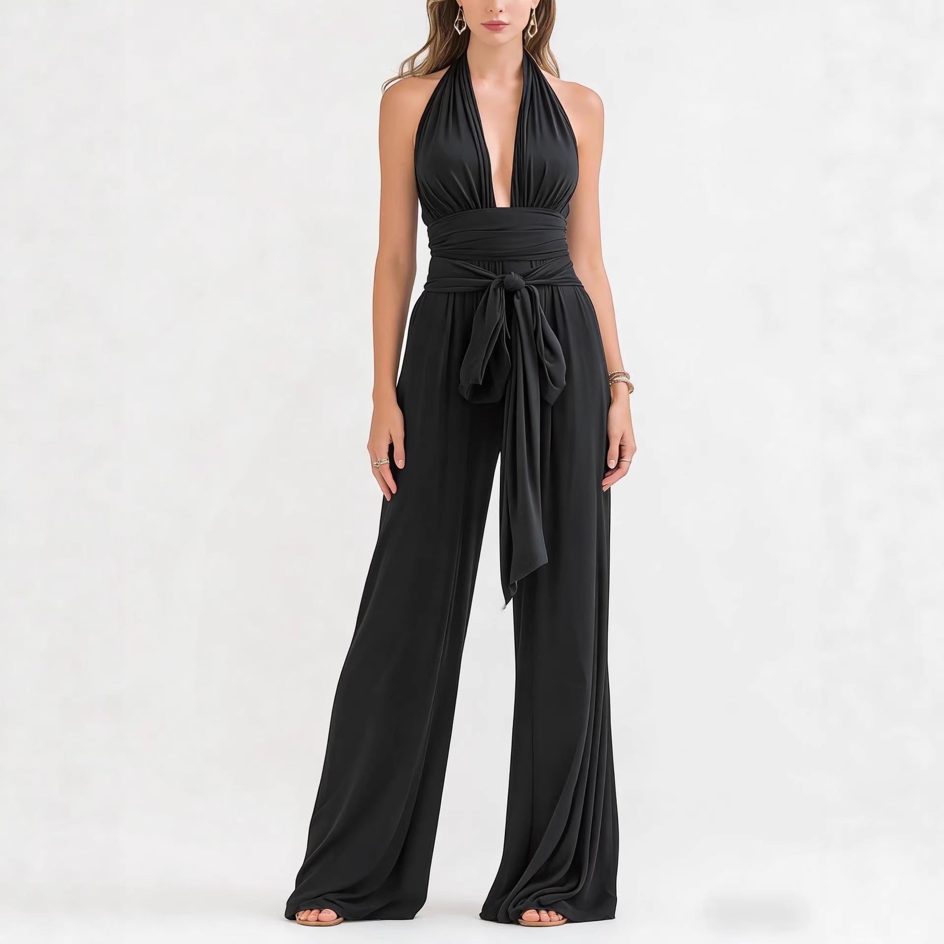 ZOFIA ATELIER black polyester halter-neck sleeveless wide-leg jumpsuit with tie waist