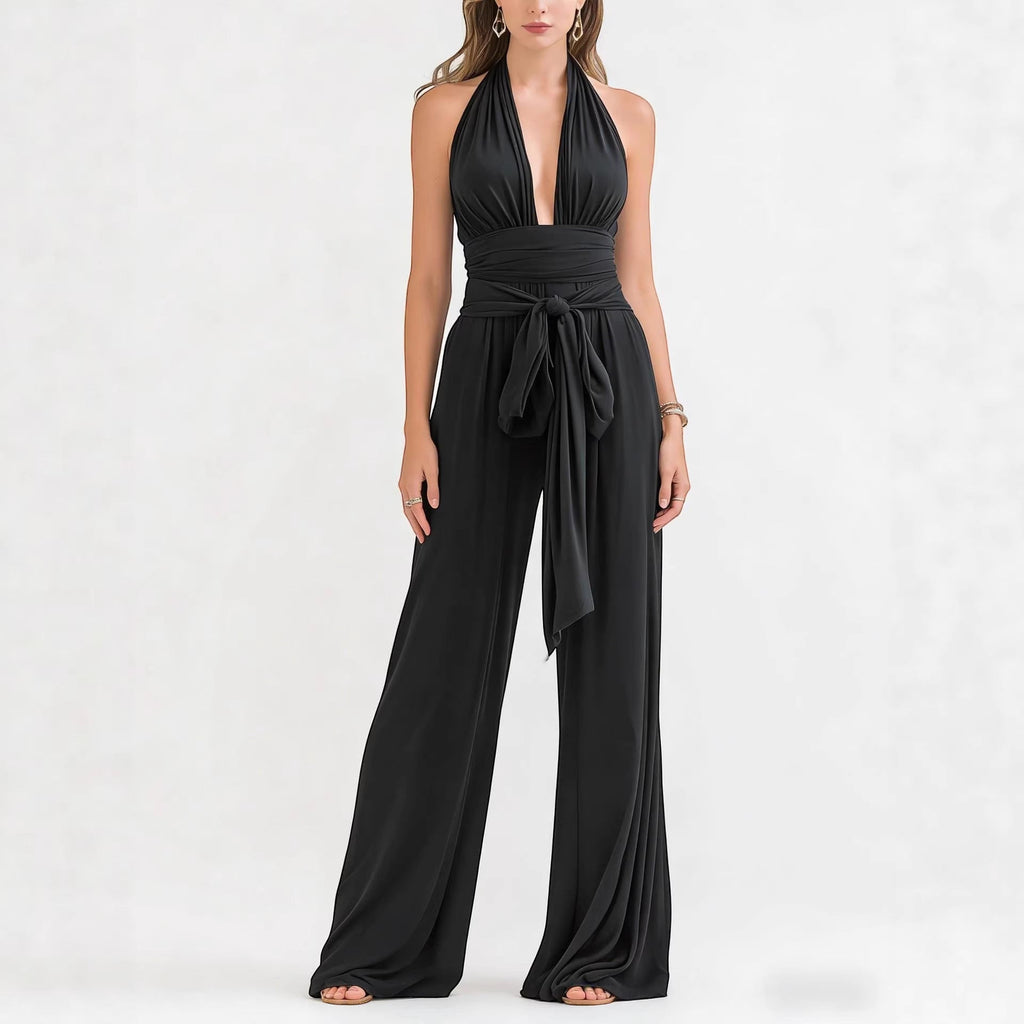 ZOFIA ATELIER black polyester halter-neck sleeveless wide-leg jumpsuit with tie waist