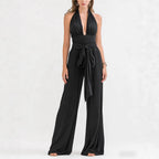 ZOFIA ATELIER black polyester halter-neck sleeveless wide-leg jumpsuit with tie waist