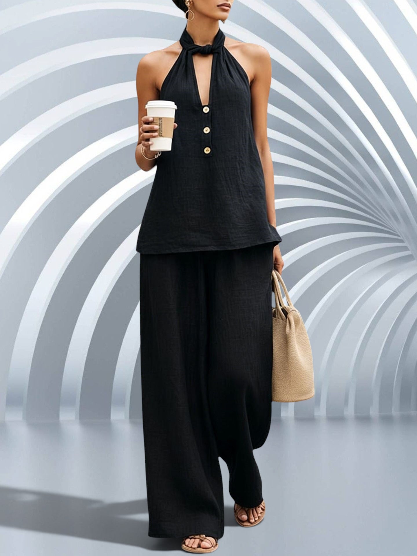 ZOFIA ATELIER black polyester V-neck halter top with gold buttons and wide-leg trousers