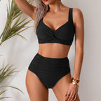 ZOFIA ATELIER black high-waist bikini with ruched sides and twisted front top. Made of Nylon and Spandex.