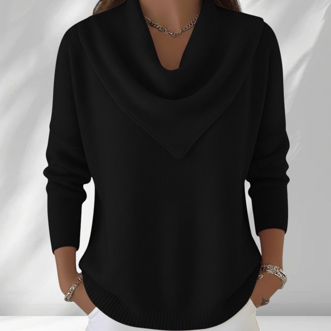 ZOFIA ATELIER black polyester knit sweater top with a loose fit and draped neckline.