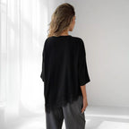 ZOFIA ATELIER black cotton loose fit top with delicate lace-panel hem and short sleeves