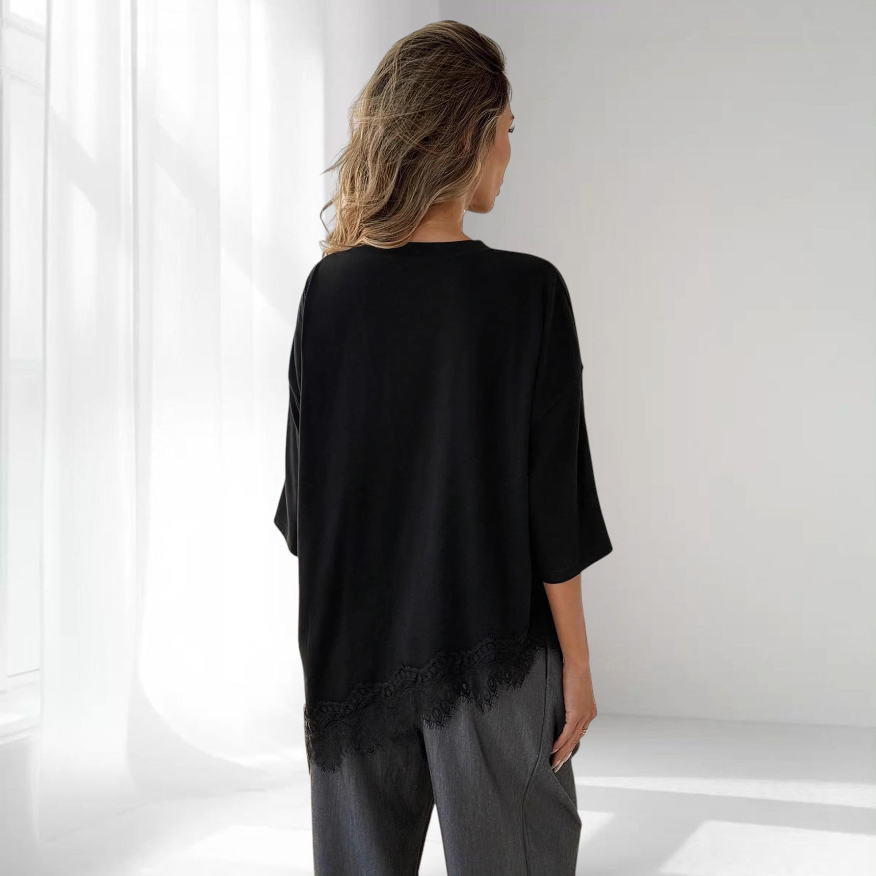ZOFIA ATELIER black cotton loose fit top with delicate lace-panel hem and short sleeves