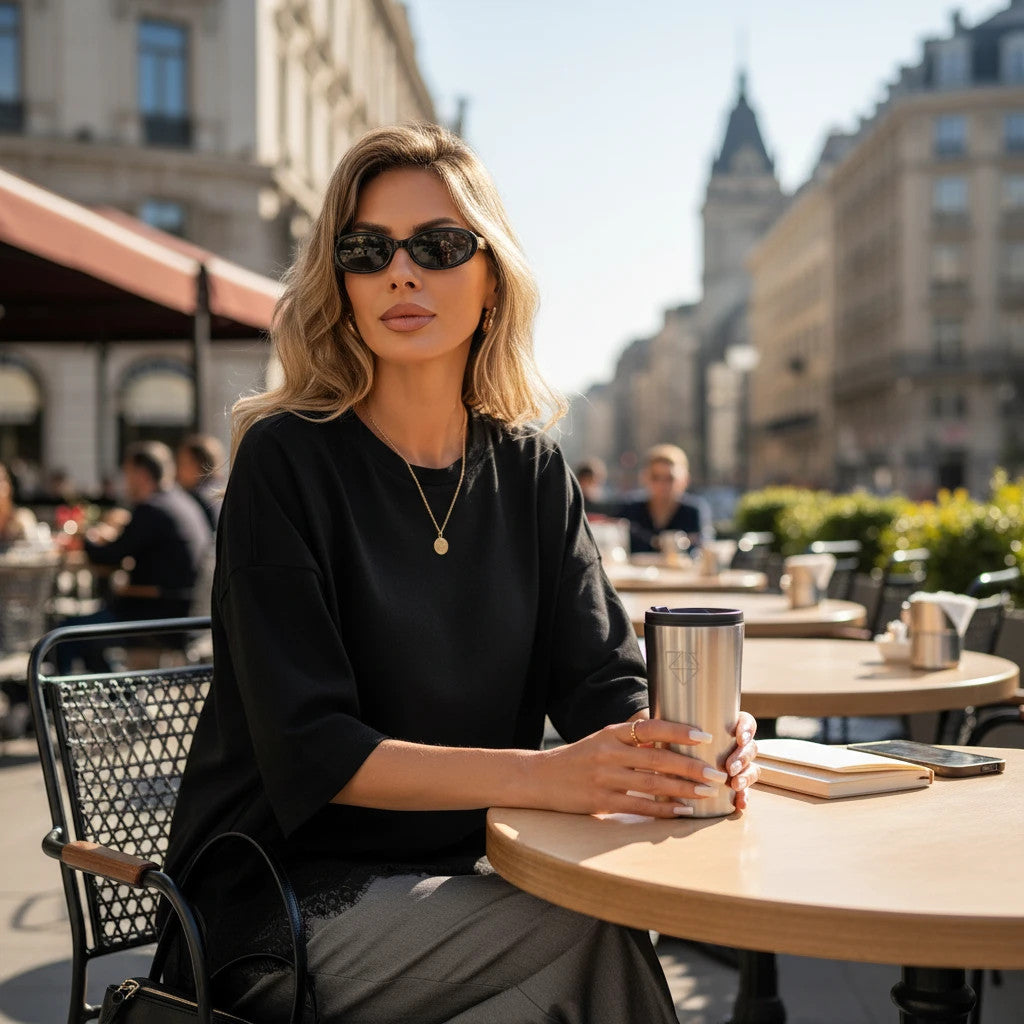 ZOFIA ATELIER black cotton top with lace-panel hem, loose fit, short sleeves, worn by a woman at an outdoor cafe.