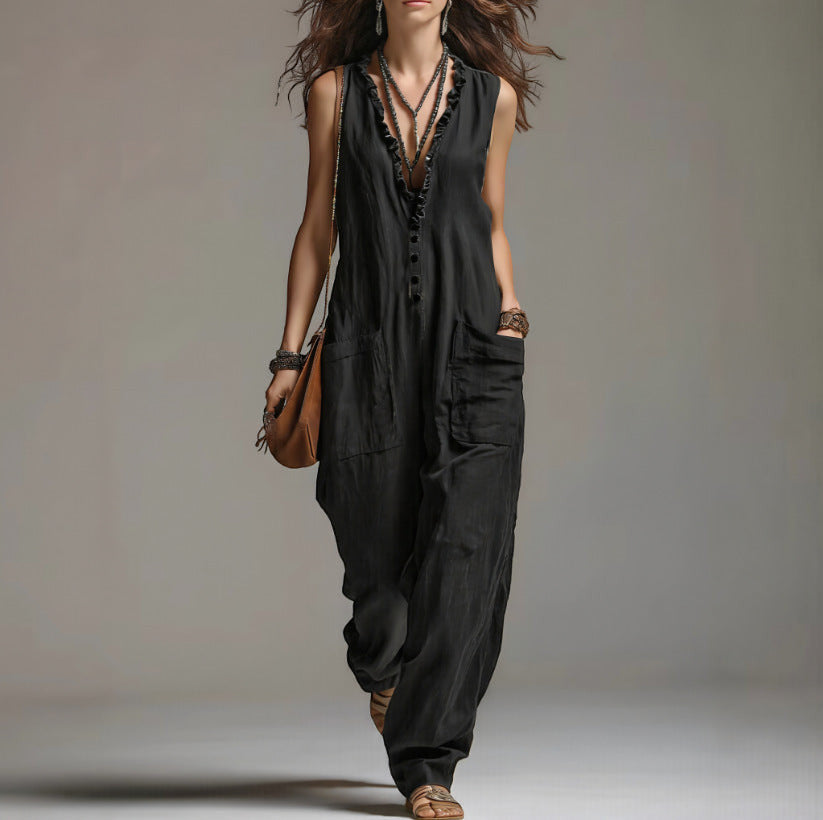 ZOFIA ATELIER black polyester lace-trim sleeveless straight-fit jumpsuit with pockets.
