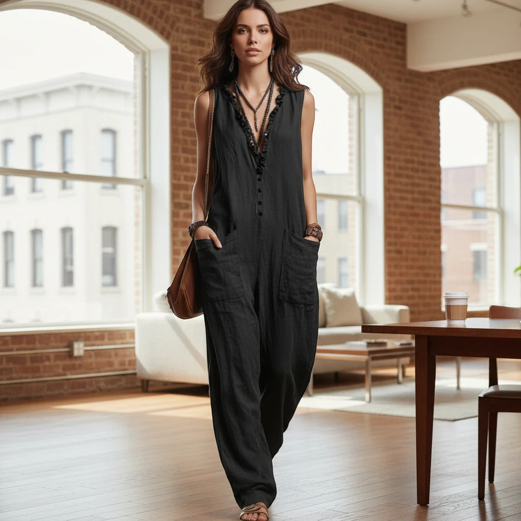 ZOFIA ATELIER black sleeveless polyester jumpsuit with lace trim and pockets. Straight fit, mid-rise waist.