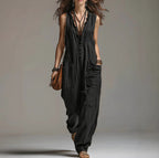 ZOFIA ATELIER black polyester lace-trim sleeveless straight-fit jumpsuit with pockets.