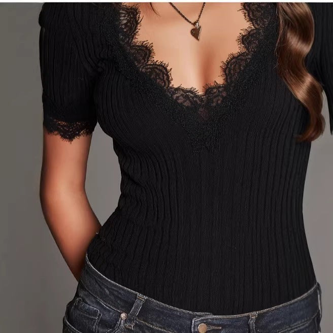 ZOFIA ATELIER black short-sleeved ribbed knit t-shirt with lace trim neckline and cuffs