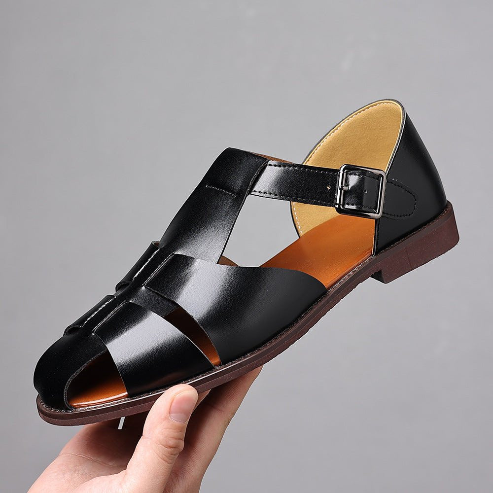 ZOFIA ATELIER black PU leather casual shoes with buckle strap and woven toe detail.