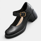 ZOFIA ATELIER black genuine cowhide leather Mary Jane shoes with buckle closure and chunky low heel.