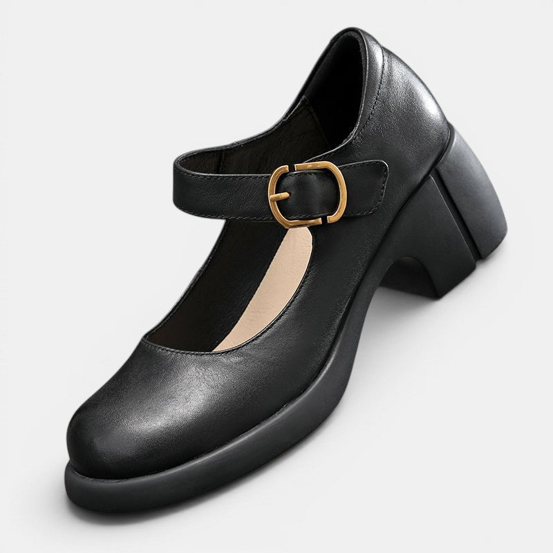 ZOFIA ATELIER black genuine cowhide leather Mary Jane shoes with buckle closure and chunky low heel.