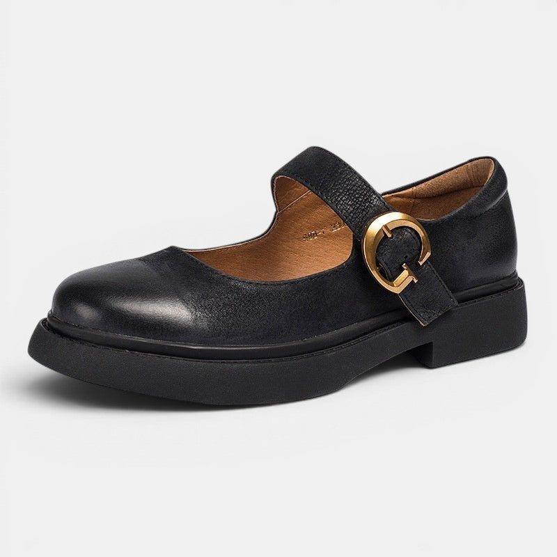 ZOFIA ATELIER black genuine cowhide leather Mary Jane shoes with gold buckle and flat sole.