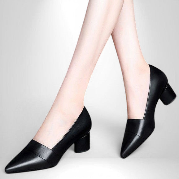 ZOFIA ATELIER black leather pointed-toe low-heel pumps with a medium block heel.