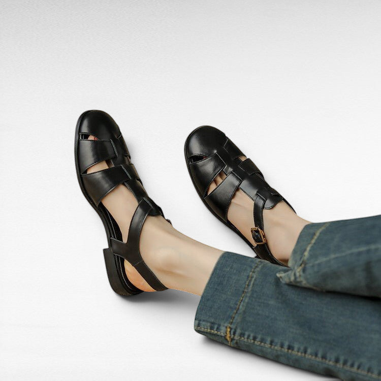 ZOFIA ATELIER black leather hollowed retro Roman sandals with buckle strap and flat sole