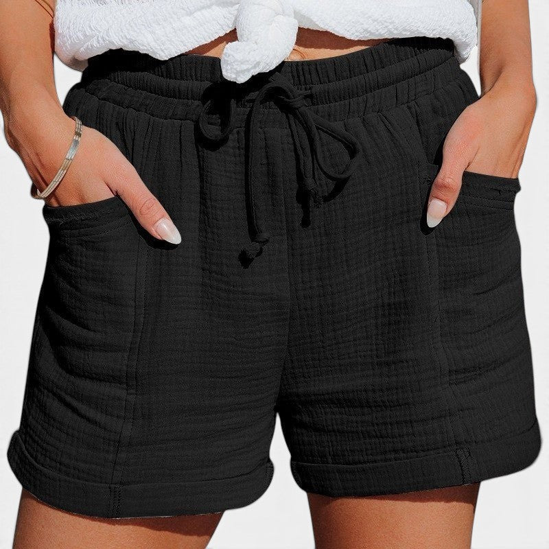 ZOFIA ATELIER black linen-blend wide-leg shorts with drawstring waist and cuffed hem