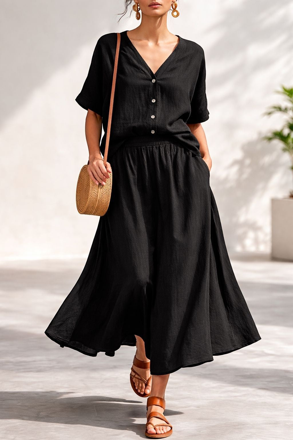 ZOFIA ATELIER black linen blend V-neck button-up top and flowy midi skirt two-piece set