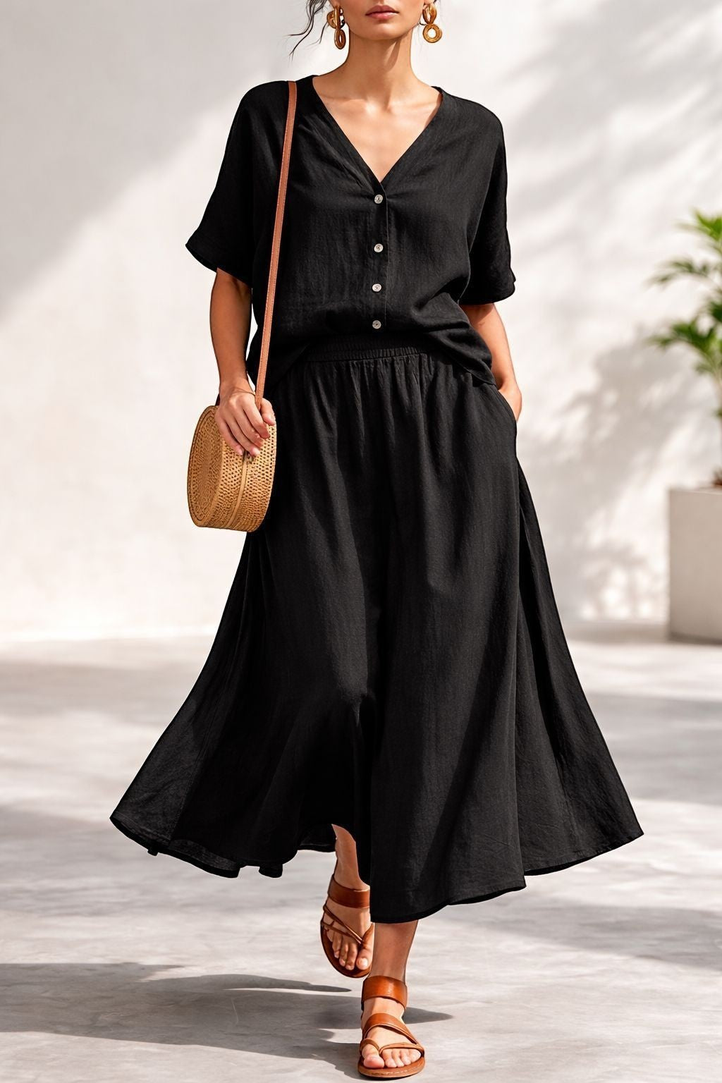 ZOFIA ATELIER black linen blend V-neck button-up top and flowy midi skirt two-piece set
