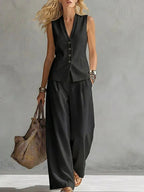 ZOFIA ATELIER black linen blend sleeveless V-neck vest and wide-leg pants two-piece set