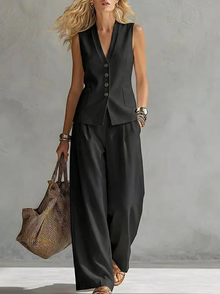 ZOFIA ATELIER black linen blend sleeveless V-neck vest and wide-leg pants two-piece set