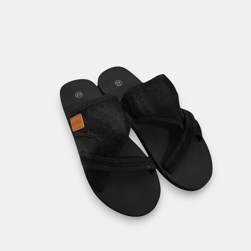 ZOFIA ATELIER MAJA black mesh crossweave slide sandals with open toe and sculptural strap detail.