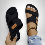 ZOFIA ATELIER Helena black mesh fabric slip-on slippers with criss-cross straps and PVC sole.