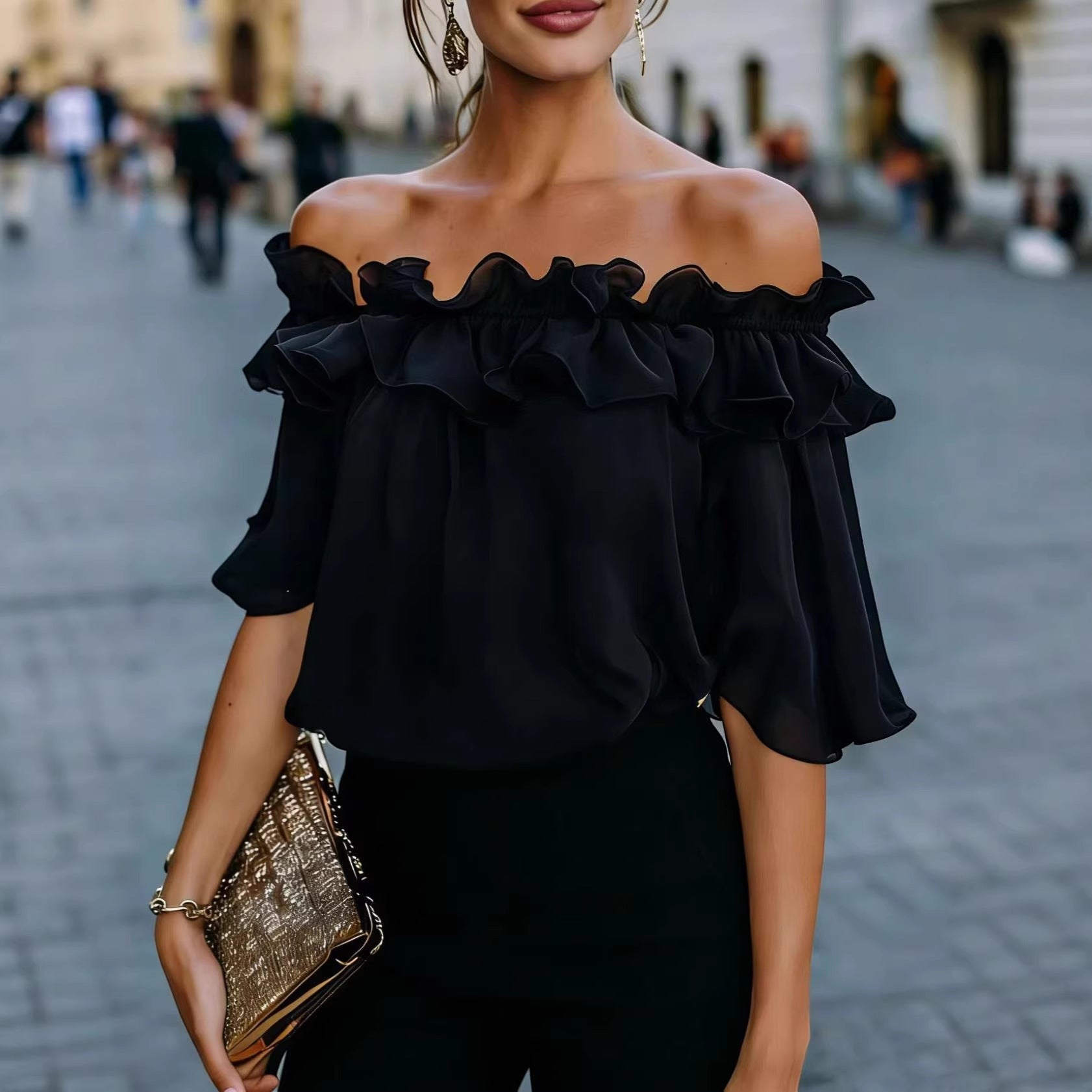ZOFIA ATELIER black off-shoulder ruffled short-sleeve chlorofiber blouse