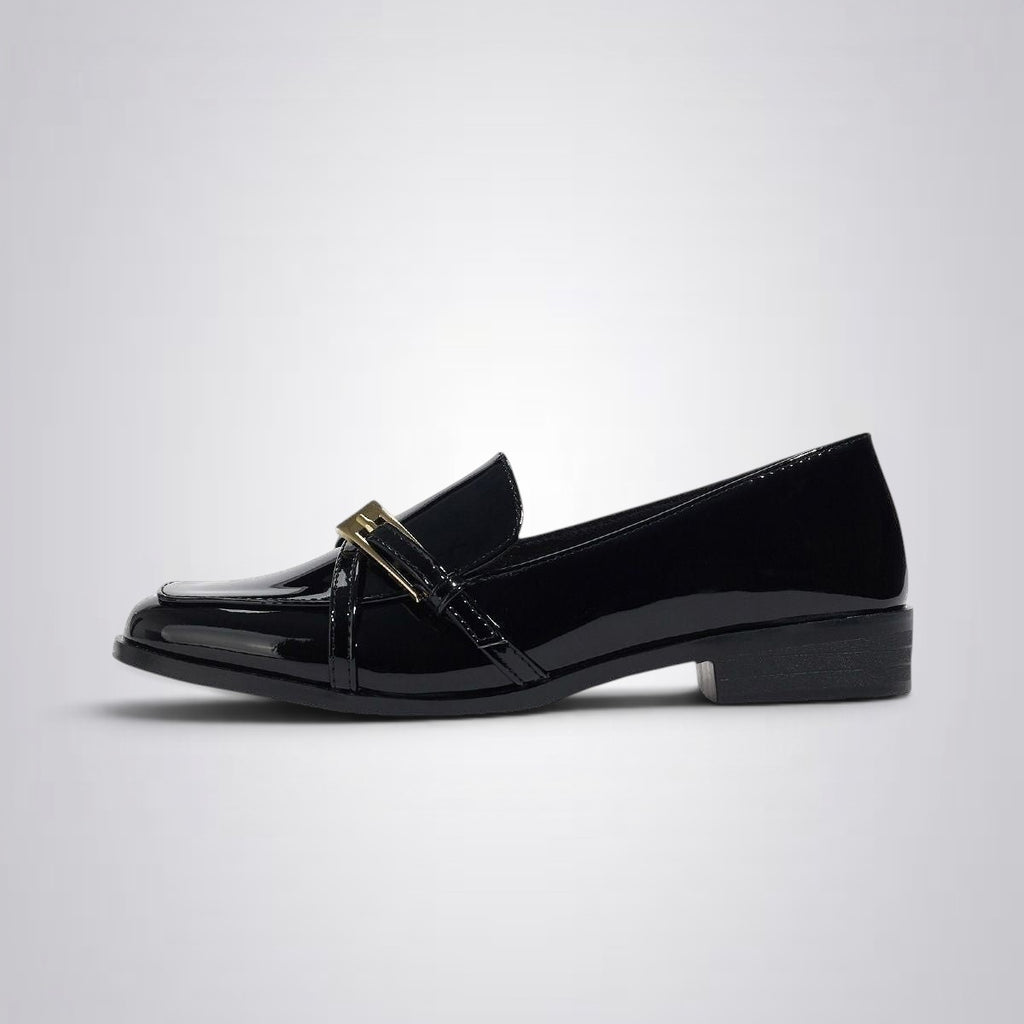 ZOFIA ATELIER black patent leather square toe loafers with gold buckle detail.