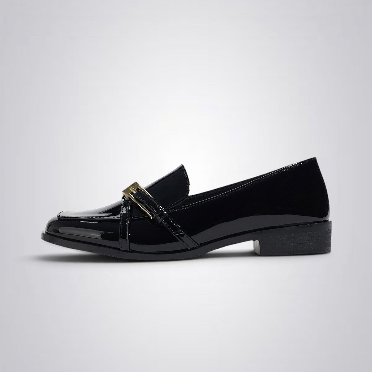 ZOFIA ATELIER black patent leather square toe loafers with gold buckle detail.
