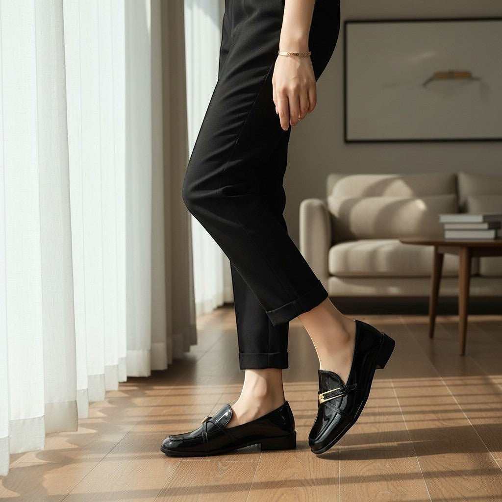 ZOFIA ATELIER black patent leather square toe loafers with gold buckle detail, flat sole, slip-on style.