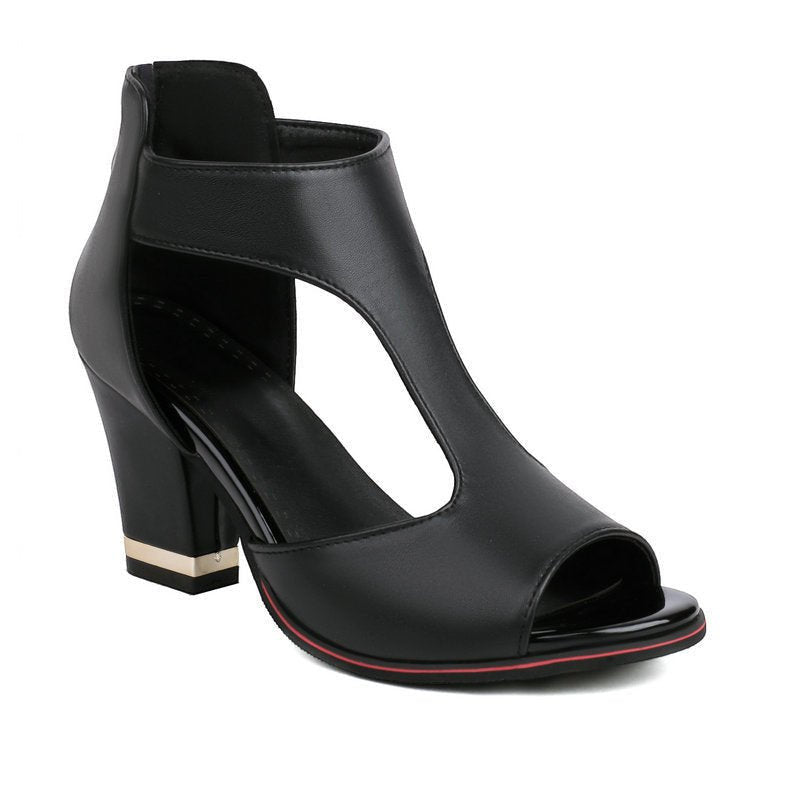 ZOFIA ATELIER black artificial PU platform sandals with back zipper and fish mouth toe.