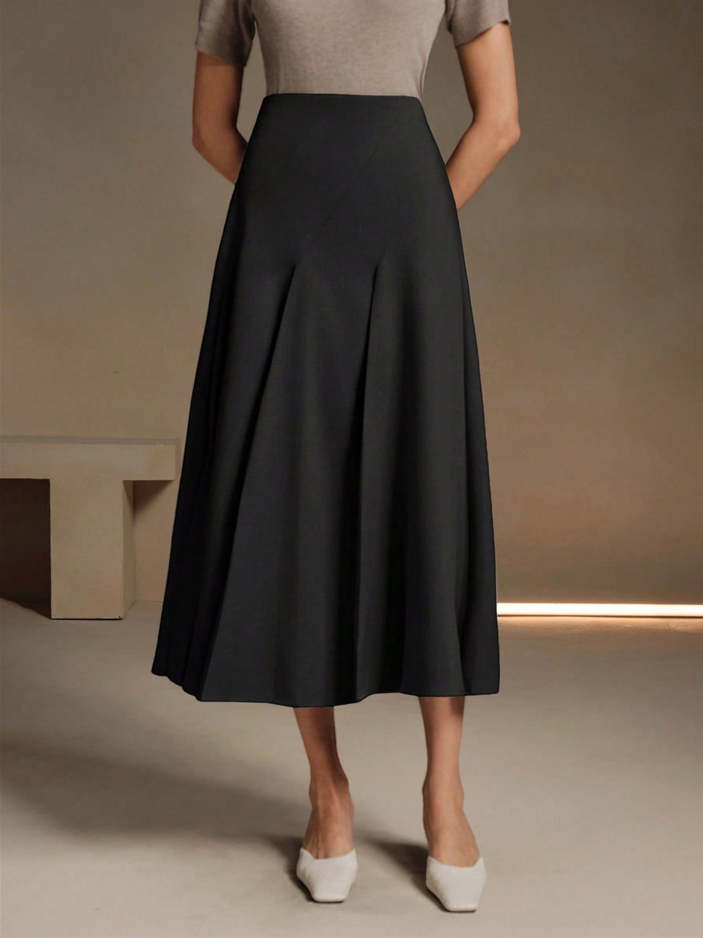ZOFIA ATELIER black polyester mid-length asymmetrical pleated skirt with no stretch.