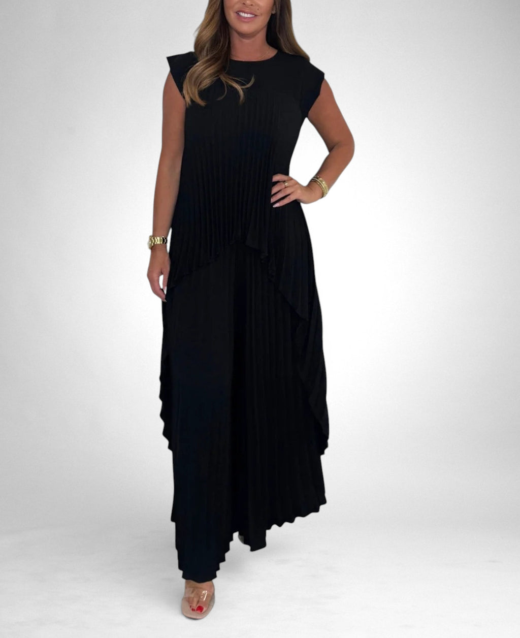 ZOFIA ATELIER black pleated short sleeve suit with wide leg pants, polyester fabric, elegant and versatile.