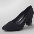 ZOFIA ATELIER black faux suede pointed toe shallow heels with a block heel.
