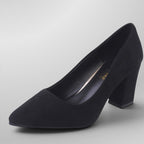 ZOFIA ATELIER black faux suede pointed toe shallow heels with a block heel.