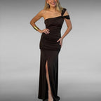 ZOFIA ATELIER black polyester A-line maxi dress with one-shoulder design, ruching, and high slit.