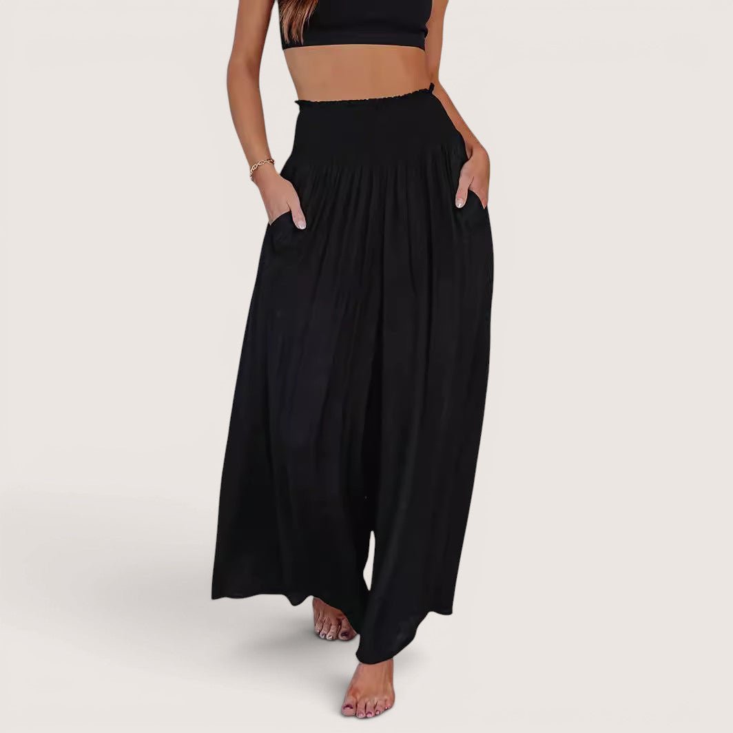 ZOFIA ATELIER black polyester casual smocking trousers with elastic waist and pockets