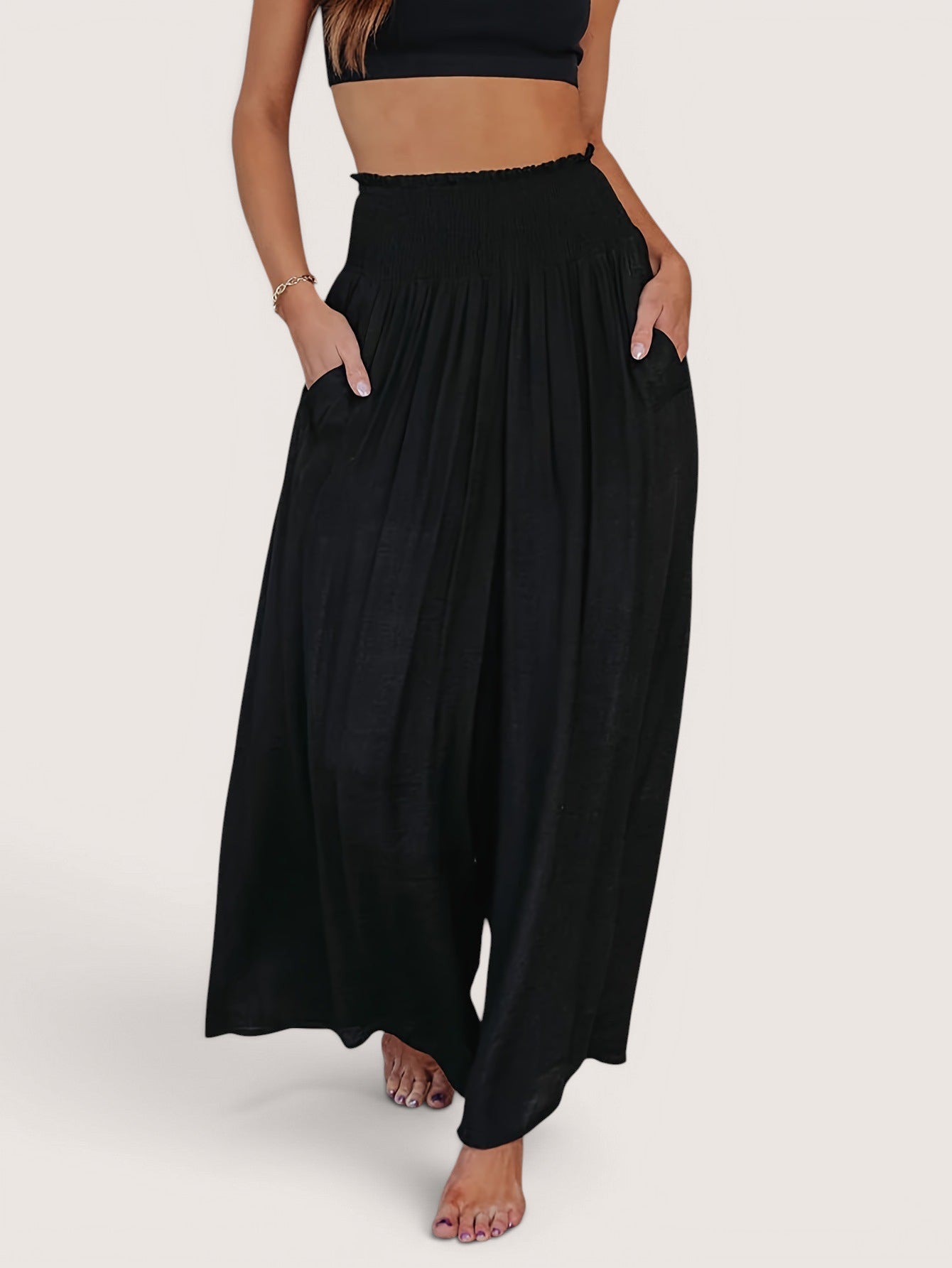 ZOFIA ATELIER black polyester casual smocking trousers with elastic waist and pockets